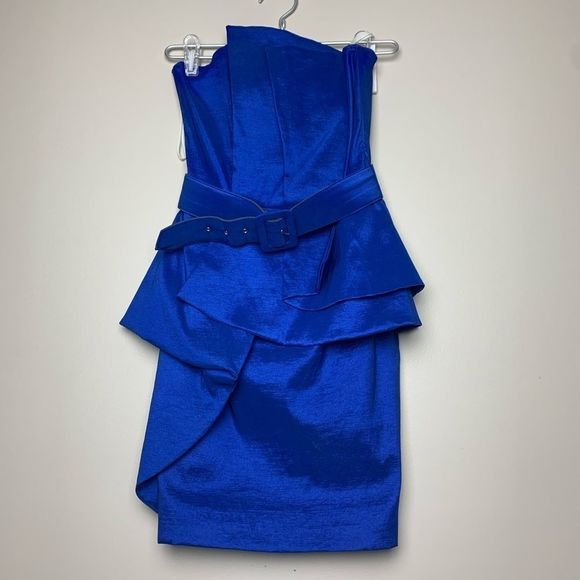 Y2K Va Va Voom Electric Blue Mini Dress Asymmetric Peplum Belted Strapless Sz M - Picture 5 of 7